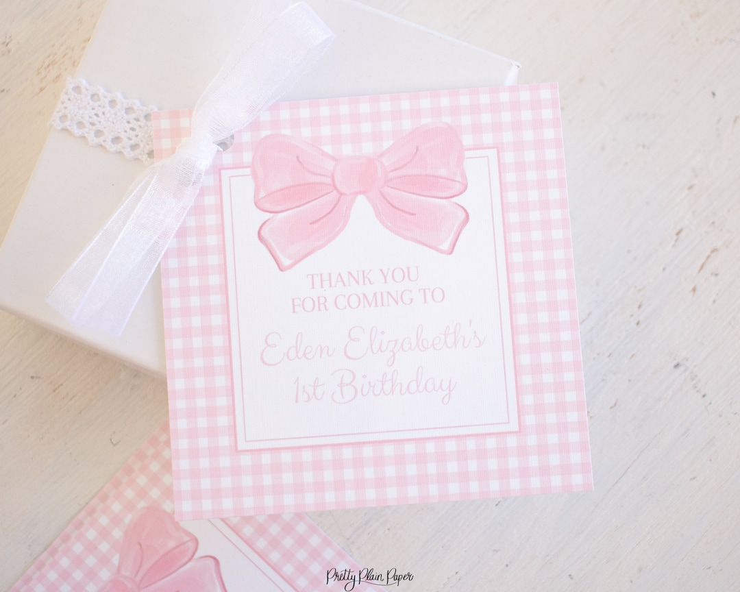 Pink Gingham Favor Tag | Pink Gingham Party Favors | Watercolor Pink Gingham Favor Tags | Pink ...