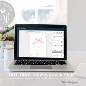 May include: A laptop screen displaying a digital invitation template for a birthday party. The template features a pink and yellow gift box with a bow and the text "It's My Birthday Party!" and "Wien Glen". The text "Edit Text, Download & Print" is displayed below the laptop.