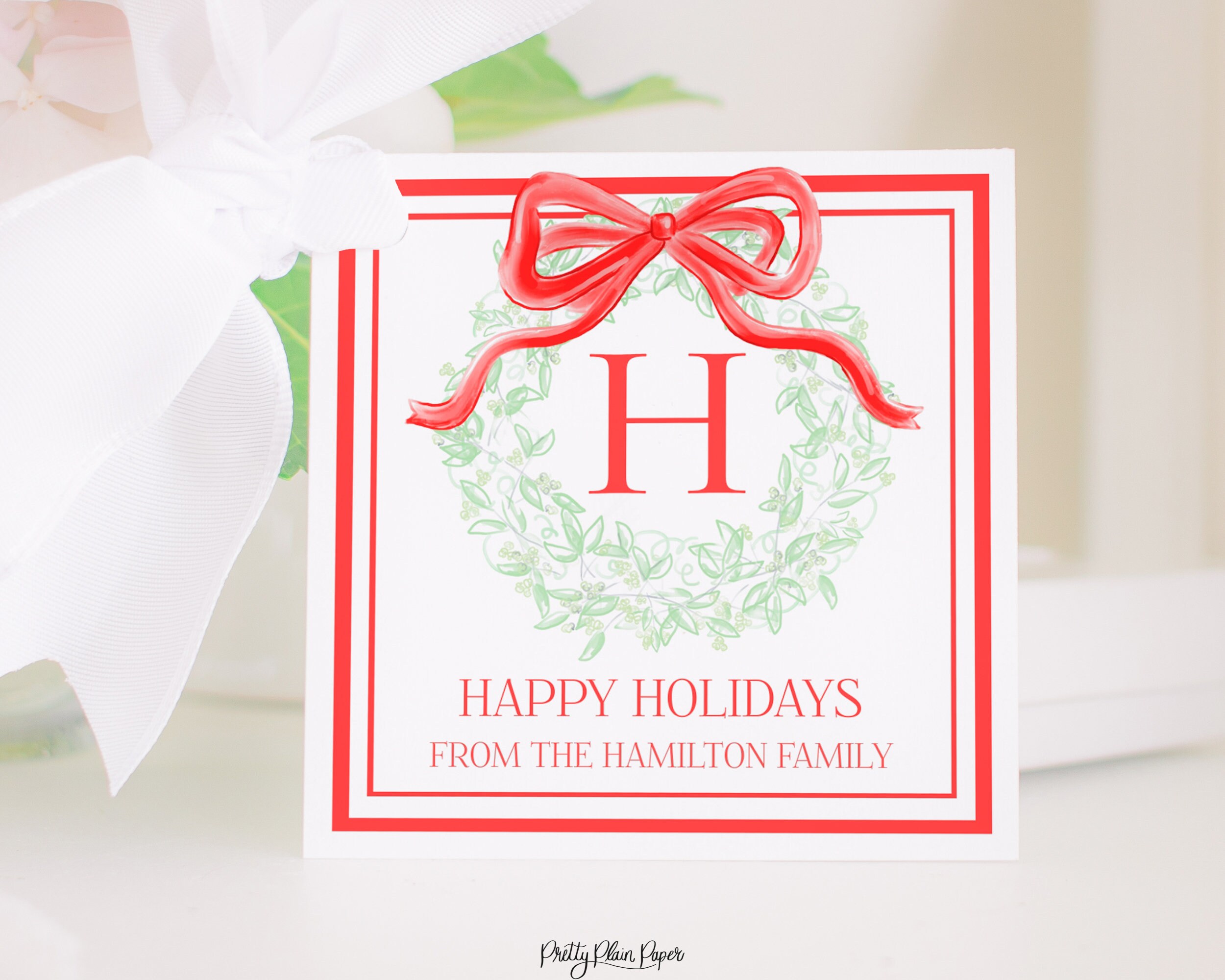 Red Bow Monogram Wreath Watercolor Christmas Gift Tag or Holiday Treat ...