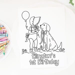 Coloring Page | 8.5x11 Printable | ONE Golden Year Puppy Birthday Party | Little Girl | Pink Bonnet & Golden Retriever Dog Color Sheet 5043