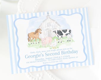 Blue Farm Animals Birthday Invitation for Boy, Watercolor Preppy Grandmillennial Style (5x7 Printable Digital Download) 3027