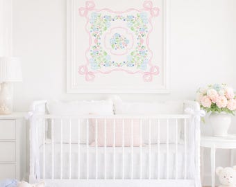 Watercolor Pink Bow & Blue Floral Print Art for Above Crib; 30x30 Printable Digital Download for Grandmillennial Little Girl Nursery Artwork