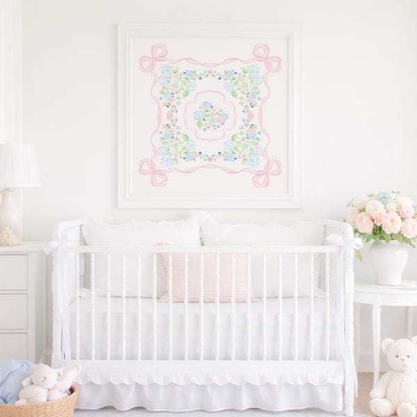 Watercolor Pink Bow & Blue Floral Print Art for Above Crib; 30x30 Printable Digital Download for Grandmillennial Little Girl Nursery Artwork