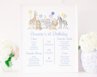 Watercolor Party Animals My First Birthday Sign for Boy (16x20 Printable Digital Download) Milestone Poster Grandmillennial Preppy | 5056