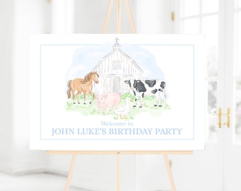 Blue Farm Animals Birthday Welcome Sign for Boy, Watercolor Preppy Grandmillennial Style (24x36 Digital Download) 3027