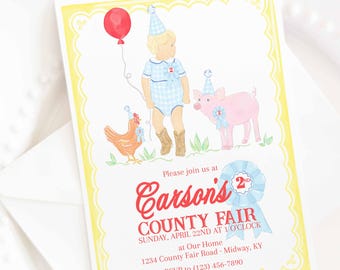 County Fair Birthday Invitation; Watercolor Little Blonde Boy Carnival Theme (5x7 Printable Digital Download) 9002