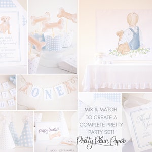 May include: A collage of images for a first birthday party with a puppy theme. The images include a blue and white gingham pattern, a banner that says "ONE", a cupcake with a bone topper, a thank you card with a puppy, and a sign that says "Puppy Treats".