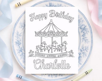 Carousel Coloring Page for First Go Round Birthday; Watercolor Preppy Grandmillennial Style (8.5x11 Digital Download) 5059