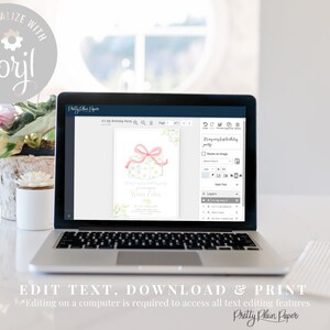 May include: A laptop computer screen displaying a pink and blue birthday invitation with a gift box design. The invitation says "It's my first birthday party!" and "Wien Cilen". The text "Edit Text, Download & Print" is displayed below the laptop.