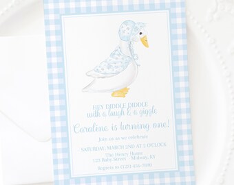 Blue Gingham Mother Goose Nursery Rhyme Birthday Invitation (5x7 Printable Digital Download), Watercolor Grandmillennial Preppy 1030