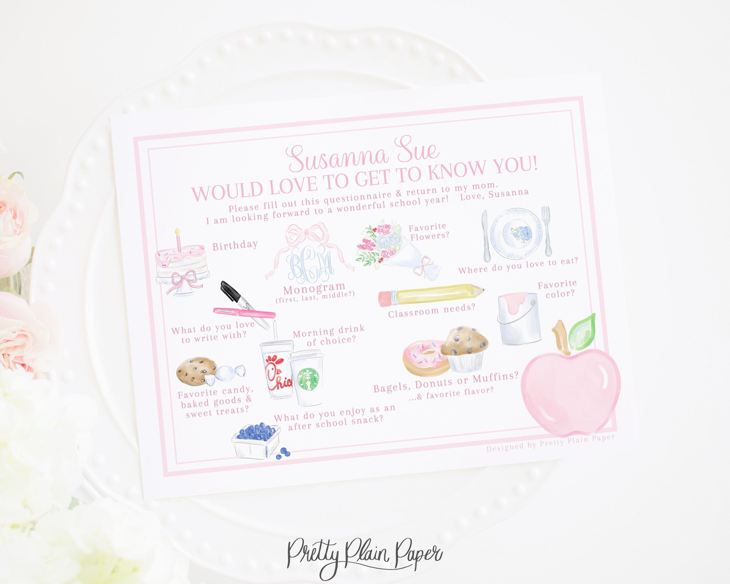 Pink Teacher Favorite Things | Watercolor Get to Know the Teacher Questionnaire | Printable & Editable | Back to School Survey 1055 10551