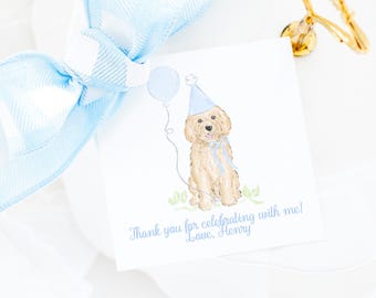 Party Favor Tag, Light Blue Gingham Goldendoodle Puppy Dog Tag for a ONE Golden Year Birthday (3.5x3.5 Printable Digital Download) 3028
