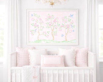 Aquarell Rosa Pastell Chinoiserie Kunst; 24x36 (Druckbar); Grandmillennial Preppy Girl Kinderzimmer Wand Dekoration 5017