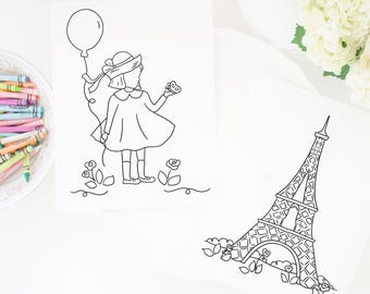 Coloring Pages | 8.5x11 | Printable Digital Download | French Girl Paris | Oui Oui Three | 3rd Birthday | Little Girl Eiffel Tower | 9003