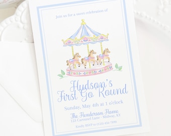 Watercolor Blue Carousel Invitation for Boy; Grandmillennial Style (5x7 Digital Download) 5059