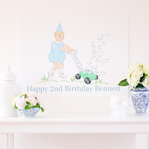 Banner con sfondo per ragazzo biondo / 36x48 stampabile, download digitale / Cappello da festa per compleanno con tosaerba a bolle blu acquerello / Personalizzato 3017