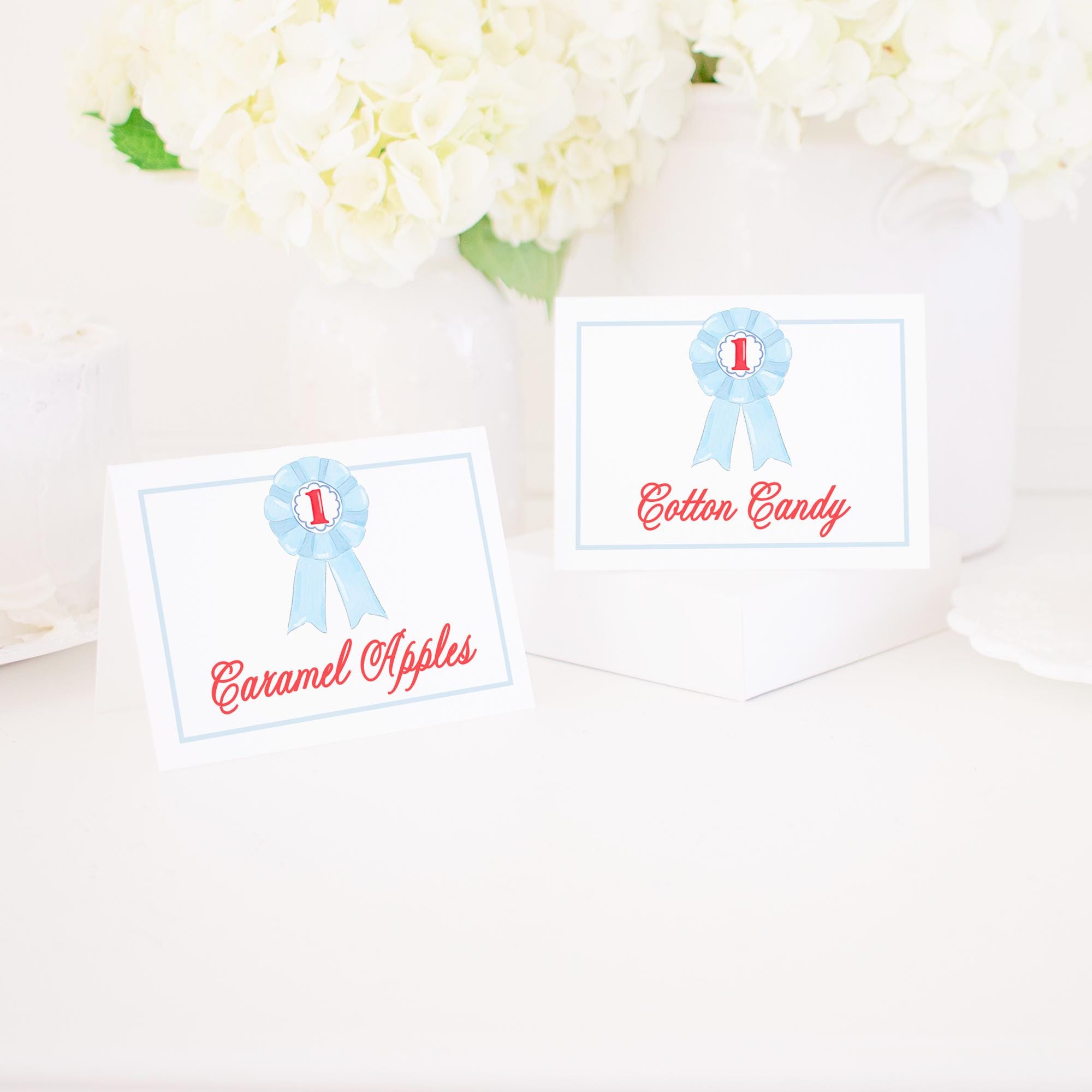 Food Labels or Place Cards | My First County Fair 1st Birthday Party | 3x4 Tent Style | Watercolor Blue Ribbon | Little Boy Carnival | 9002
