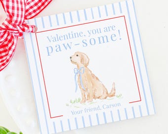 Watercolor Puppy Valentine Gift Tag for Class Treats with Paw-some Dog Artwork;  3.5x3.5 Printable Digital Download 1021