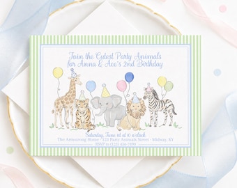 Gender Neutral Party Animals Invitation, Watercolor Style for Boy or Girl (5x7 Digital Download) Grandmillennial Preppy 5056