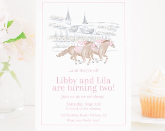 May include: A pink and white invitation with a watercolor illustration of three horses racing at a racetrack. The text reads "...and they're off Libby and Lila are turning two! Join us as we celebrate Saturday, May 3rd 5 o'clock in the evening 123 Birthday Road - Midway, KY Wear your Derby best!"