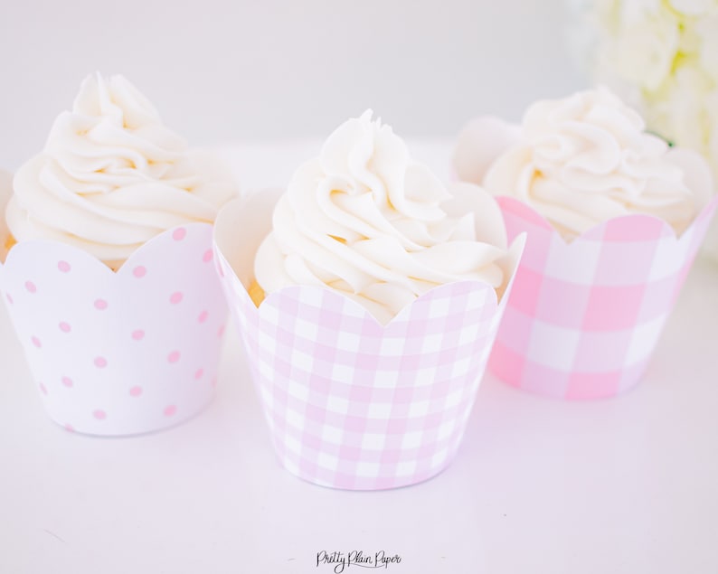 Pink Gingham Cupcake Wrapper Template | Pink Polka Dot Pattern Cupcake ...