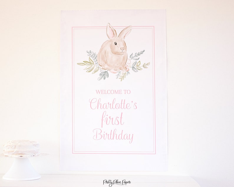 24/'/'x36/'/' 1023 Watercolor Pink Bunny Birthday Welcome Sign Watercolor Some Bunny is ONE Sign Bunny First Birthday for Girl Party Decor