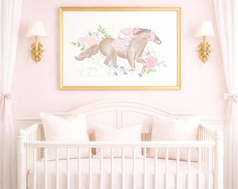 Pinkes Rennpferd mit Blumengrafik; 24x36 druckbare digitaler Download; Grandmillennial Gingham Pferd & Jockey Kunst für Kentucky Derby 0106