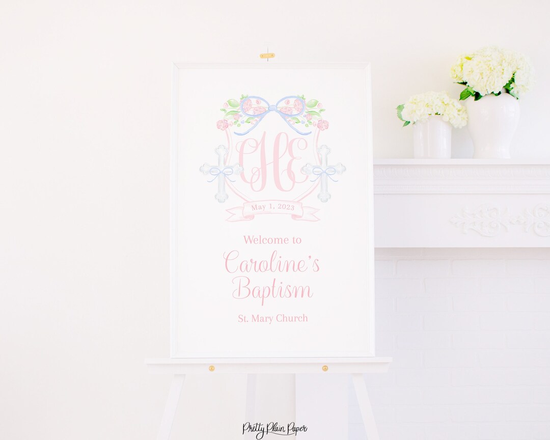 Watercolor Crest Baptism Sign With Cross | 24x36 | Text Editable | Pink ...