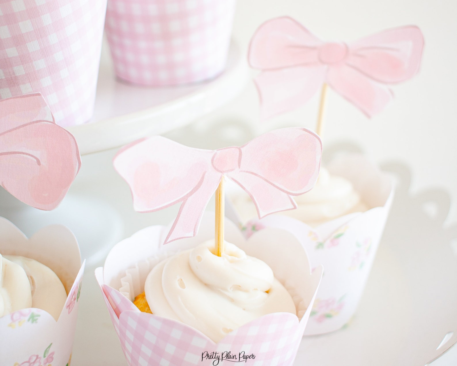 Pink Bow Cupcake Toppers Watercolor Printable Download 1012 | Etsy