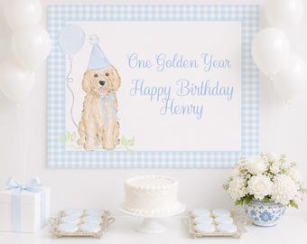 Goldendoodle Puppy Dog Birthday Backdrop Banner for a ONE Golden Year Theme (36x48 Printable Digital Download) 3028
