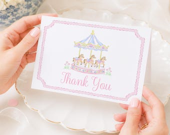 4x6 Thank You Card with Pastel Carousel First Go Round Birthday; Watercolor Preppy Grandmillennial (4x6, Folded Style Digital Download) 5059