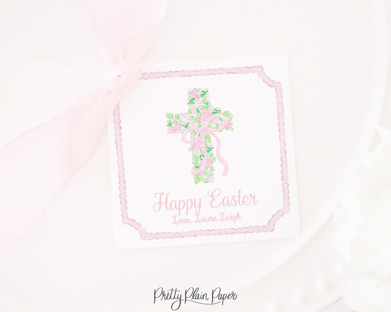 Easter Tag Pink Bunny Crest with Bow 3.5x3.5 Printable Download Watercolor Happy Easter Gift Tag Classmate School Gift 1022 image 1