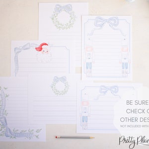 May include: Set of five printable stationery note cards featuring a variety of winter holiday themes. The designs include a wreath, a nutcracker, and Santa Claus. The text on the cards reads "BE SURE TO CHECK OUT OTHER DESIGNS! NOT INCLUDED WITH PURCHASE Pretty Plain Paper".
