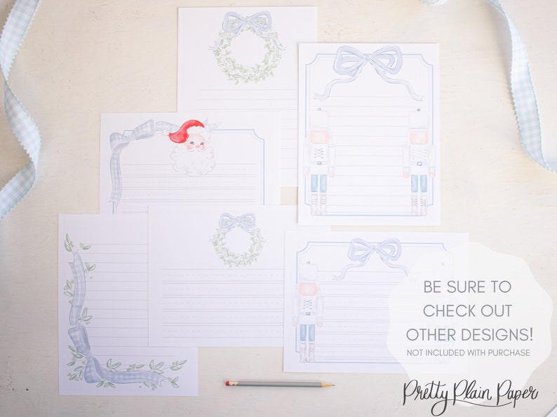 May include: Set of five printable stationery note cards featuring a variety of winter holiday themes. The designs include a wreath, a nutcracker, and Santa Claus. The text on the cards reads "BE SURE TO CHECK OUT OTHER DESIGNS! NOT INCLUDED WITH PURCHASE Pretty Plain Paper".