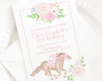 Floral, Pink Racehorse & Jockey Invitation with Watercolor Horse Racing Kentucky Derby Artwork; 5x7 Printable Digital Download 0106