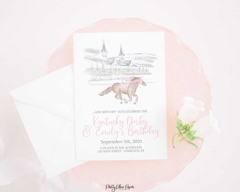 Churchill Downs Race Horse & Jockey Watercolor Printable Invitation Download Horse Racing or Kentucky Derby Party Pink Gingham 0106 image 1