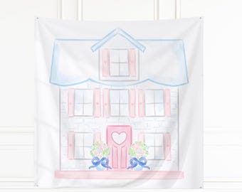 BIG Watercolor Pink & Blue Dollhouse Birthday Party Backdrop; 8ft x 8ft (72in x 72in) Printable Digital Download 5012
