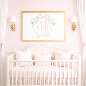 Watercolor Monogram Crest Art w/ Pink Bow, Florals, Hydrangeas & Magnolias; 24x36 Printable Digital Download for Girl Nursery Crib Art 5015