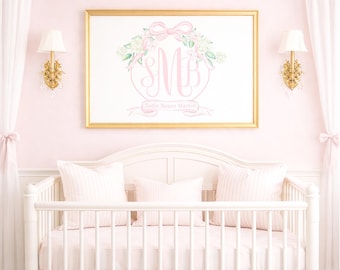 Arte de monograma de acuarela con lazo rosa, flores, hortensias y magnolias; descarga digital imprimible de 24 x 36 para la cuna de una niña (5015)