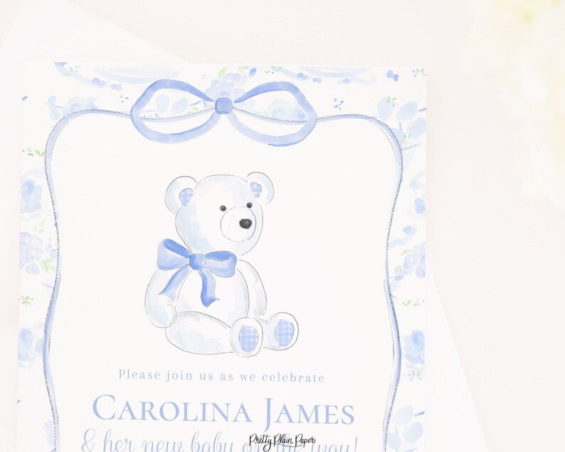 Watercolor Blue and White Teddy Bear Invitation | Teddy Bear Baby ...