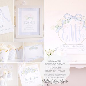 May include: A set of printable party decorations featuring a blue and white color scheme with floral designs and a monogram. The set includes a thank you card, a sign, and a monogram with the name "Emma Louise Mason".