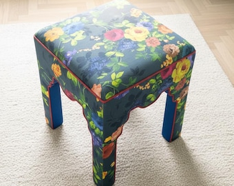 MacKenzie Childs Stool Covent Garden Original Fabric Accent Seat Designer Pouf Luxury Home Decor