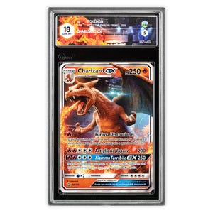 Può includere: Una carta Pokémon Charizard GX valutata. La carta presenta un'illustrazione di Charizard arancione fiammeggiante con il testo "Furiosa Distruzione" e "Fiamma Terribile GX 250". La carta è valutata 10 GEM-MT.
