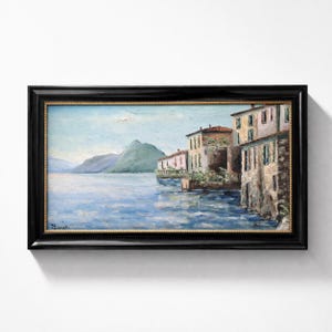 Dipinto Olio su Tela Gandria Lago di Lugano Firmato Busnelli | Paesaggio Svizzero Ticino Veduta Lacustre con Cornice