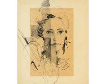 Caterina Valente Porträt Kohlezeichnung 1980 Autogramm Widmung Original Kunst Musik Memorabilia