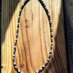 Vintage Beaded Necklace: Black Faceted Beads, White Round Beads, Silver Accents