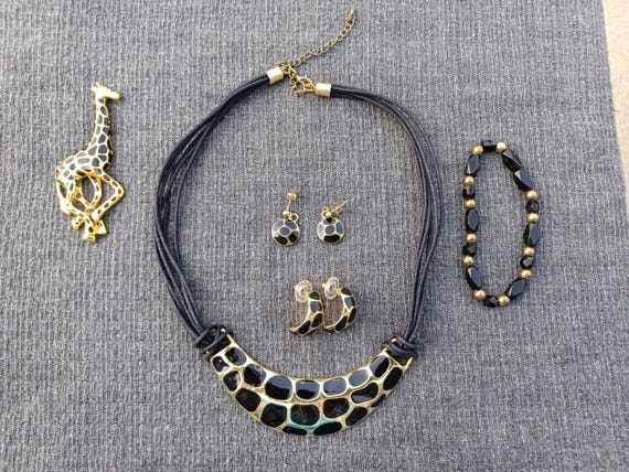 Giraffe Print 5-Piece Jewelry Set, Gold Plated En… - image 1