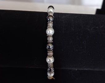 Faux Pearl and Hematite Beaded Stretch Bracelet w Silver and Grey Accent Beads 8 Inches Long