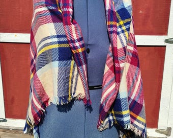 Vintage Plaid Acrylic Blanket Scarf, Red, Blue, Cream (53x55 Inches)