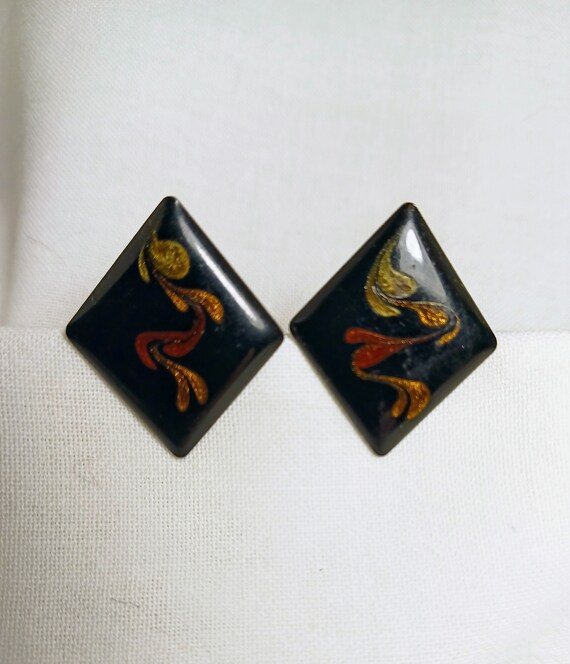 Black Resin Diamond Post Earrings With Gold, Coppe